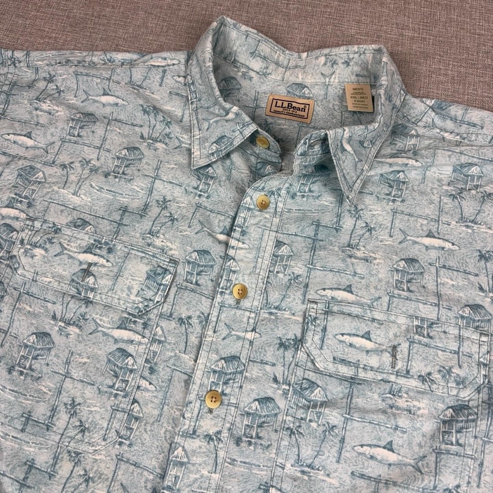 L.L.Bean Tropicwear Fishing Hawaiian Shirt Mens XXL Fish Print Vented 0 XQ42